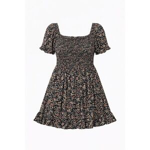 AUu‎ Women's Dress 2X Black Floral Smocked Puff Sleeve Square Neck Rayon Ruffle